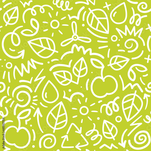 Seamless eco pattern on green background, doodle style, hand drawn