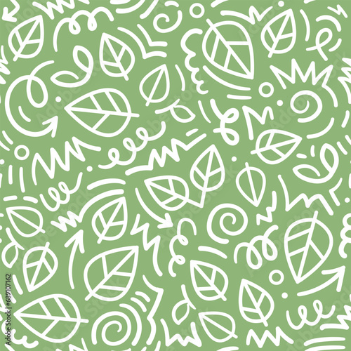 Seamless pattern with leaves on a green background, doodle style, hand-drawn