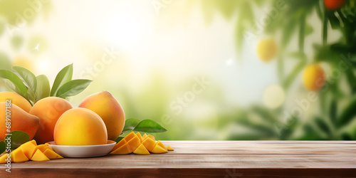 Orange on the wooden in blur green background,Wooden table top with apricots on blur background with apricot orchard,Fresh peaches,Growing own fruits and vegetables. Gardening and lifestyle 