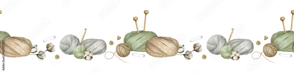 Yarn balls, balls of wool, skeins of yarn, wooden knitting needles, hook, buttons, cotton flowers. Watercolor seamless border. For product packaging design, knitter blog,needlework store