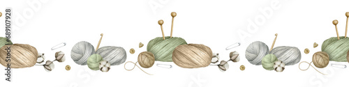 Yarn balls, balls of wool, skeins of yarn, wooden knitting needles, hook, buttons, cotton flowers. Watercolor seamless border. For product packaging design, knitter blog,needlework store photo