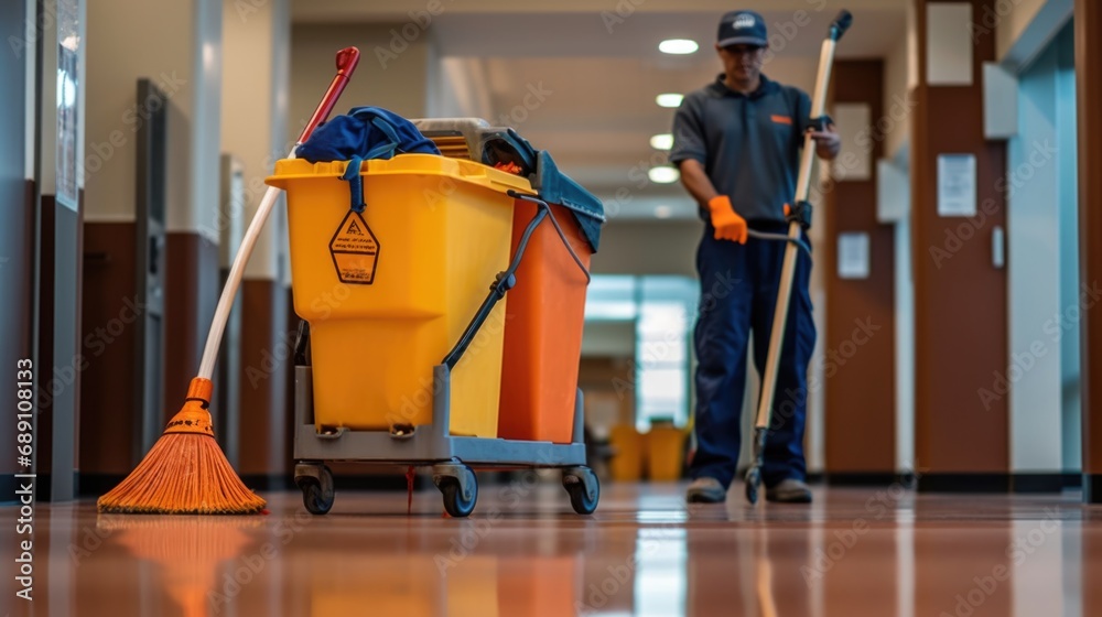 Professional Janitorial Staff Cleaning and Maintaining Public Corridor. - obrazy, fototapety, plakaty 