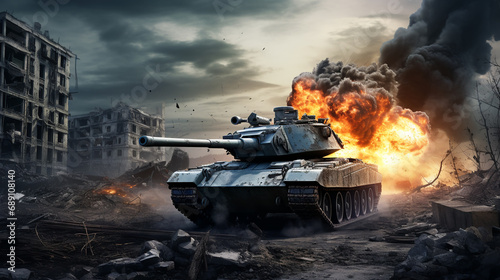 War Concept. Military silhouettes, fighting scene on war fog, Attack scene. Armored vehicles. Tanks battle. Tanks in the fire. Military silhouettes, Tanks destroyed by war.