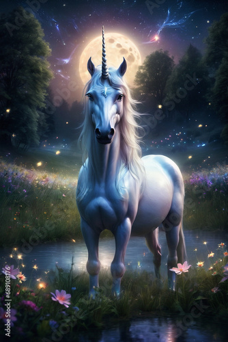 fantasy style art  Illustrate a unicorn standing in a moonlit meadow  surrounded by glowing fireflies  flowers. ai generative