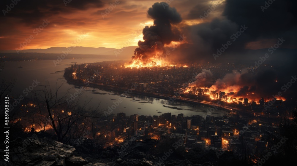 City Engulfed in Flames Under Apocalyptic Skyline.