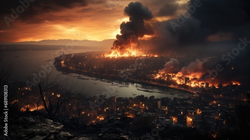 City Engulfed in Flames Under Apocalyptic Skyline.