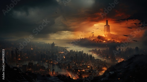 City Engulfed in Flames Under Apocalyptic Skyline.