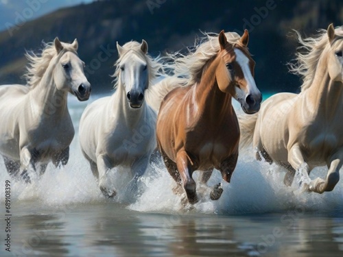 Seven Horse s running together in the river