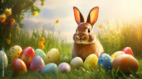 Easter bunny and colorful eggs on nature background. Easter concept. Cute Easter bunny and colorful eggs on green grass at sunny day. Easter background. Happy Easter! photo