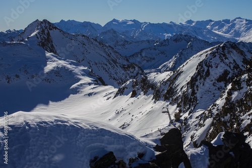 Panoramic view of the mountains. Winter mountain with white snow peak in France. 