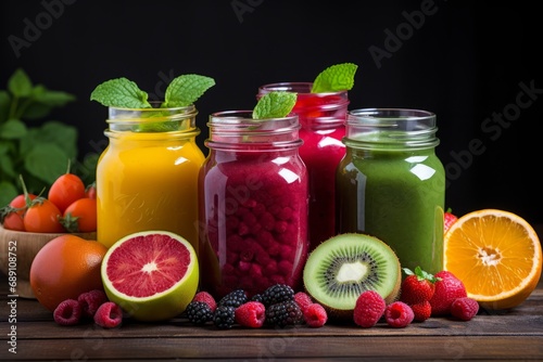 An enticing array of freshly pressed juices from a variety of fruits, displayed in clear glass containers