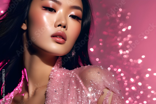 Fashion editorial Concept. Stunning beautiful asian high fashion striking pink glitter shimmer sparkle. illuminated with dynamic composition and dramatic lighting. copy text space