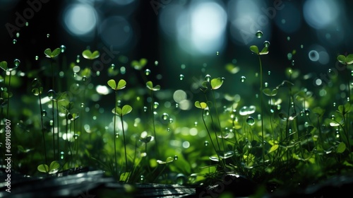 Emerald Clovers and Dew Drops on St. Patrick's Day. © _veiksme_