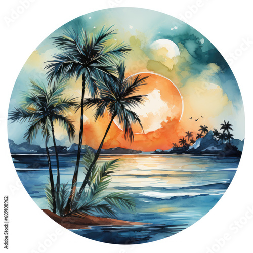 watercolor Palm tree beach circle clipart  Generative Ai