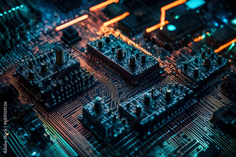 Macro image of a motherboard, focusing on the symmetrical arrangement of electronic elements, enhanced by the radiance of neon LED lights.