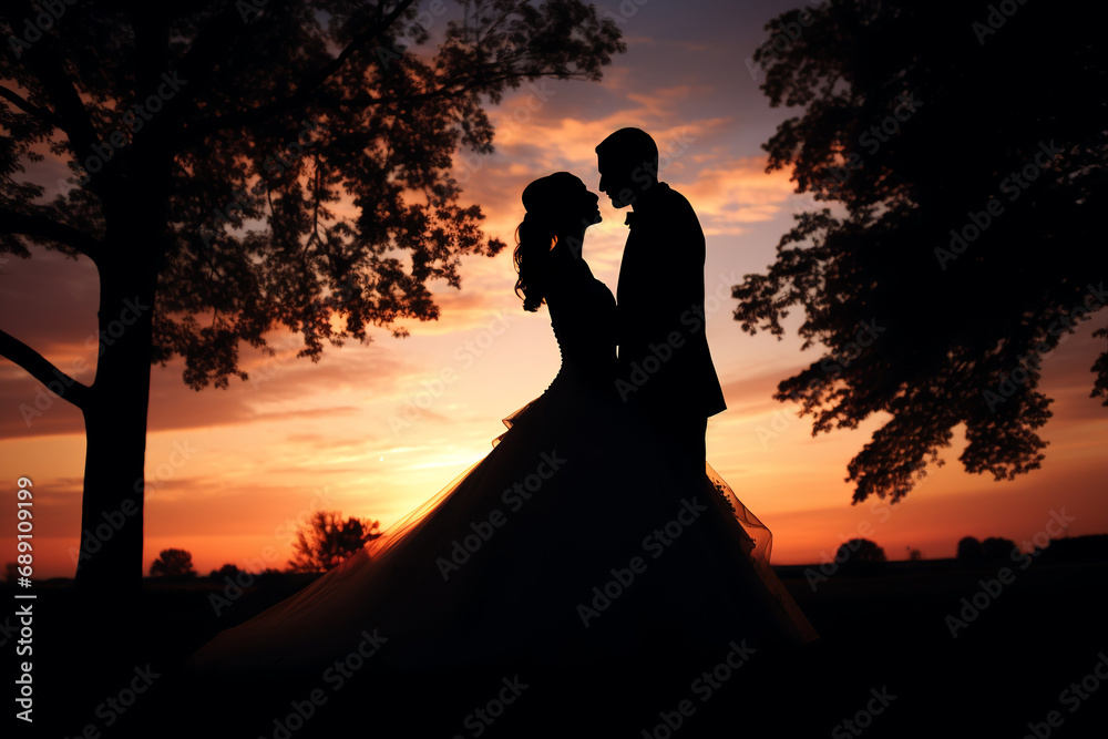 Silhouette of a bride and groom on a sunset background. silhouette of a bride and groom on the background of the setting sun