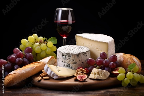 An inviting spread of Neufchatel cheese, crusty baguette, luscious grapes, and a full-bodied red wine