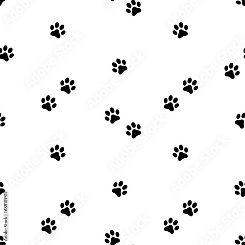 Black cat's paws prints on white background. Vector seamless pattern. Best for textile, home decor, wallpapers, wrapping paper, package and web design.