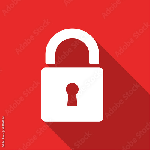 Lock long shadow icon. White glyph on red background.