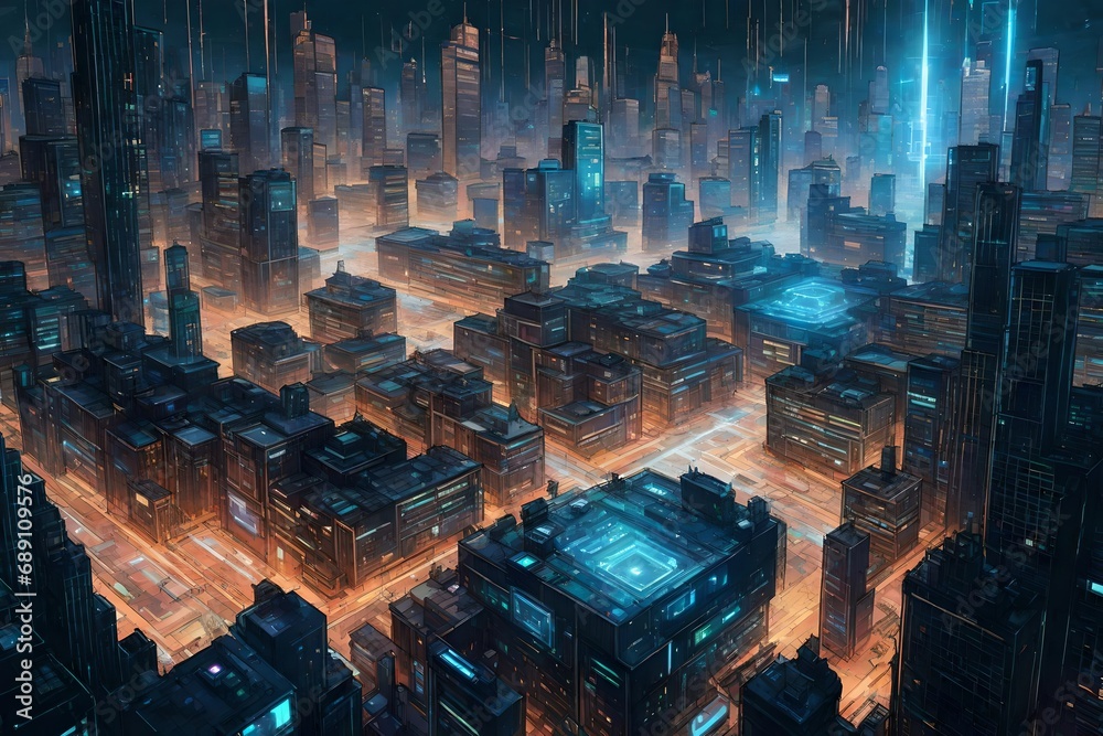 A hidden hacking hub in a mega-city, with holographic screens surrounding the hacker, creating a digital fortress.