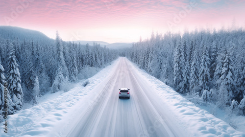 Car driving on snowy road in winter forest at sunset. Car driving on winter road through the snow covered forest at sunset. Car on the road in winter forest with snow covered trees.   © Nadezhda