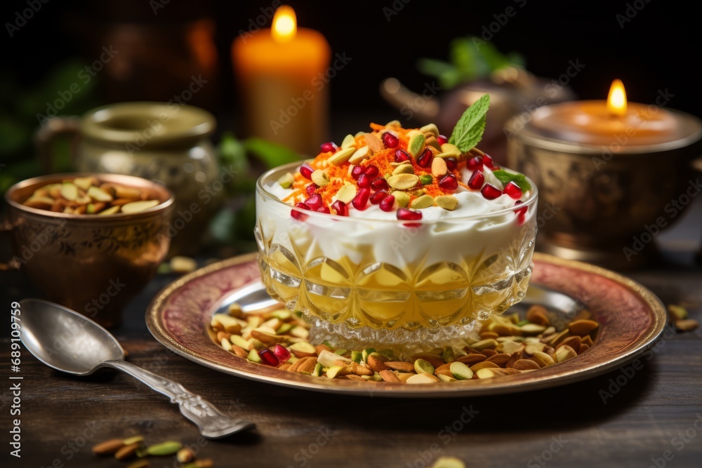 An appetizing bowl of Zerde, a classic Turkish saffron and pine nut dessert, served on an old-fashioned wooden tabletop