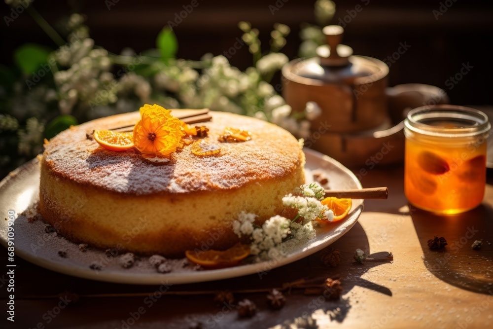 A traditional Taiwanese sun cake, perfectly baked, sitting on a rustic table with baking ingredients scattered around A traditional Taiwanese sun cake, perfectly baked, sitting on a rustic table with baking ingredients scattered around