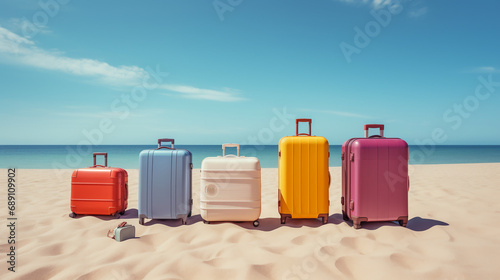 Pile of colorful suitcases on the beach. Colorful travel suitcases on the sandy beach with blue sky background