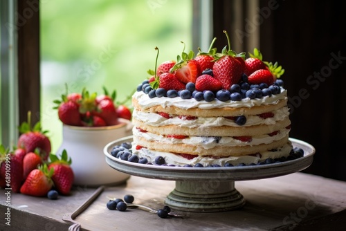 A delectable vanilla cake adorned with plump strawberries and juicy blueberries  placed on a rustic wooden table against a sunny kitchen window