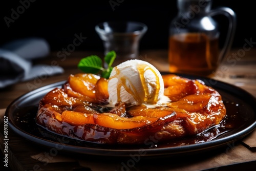 A delectable homemade French Tarte Tatin served warm with a side of ice cream photo