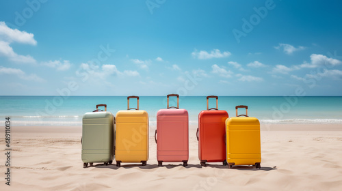 Pile of colorful suitcases on the beach. Colorful travel suitcases on the sandy beach with blue sky background