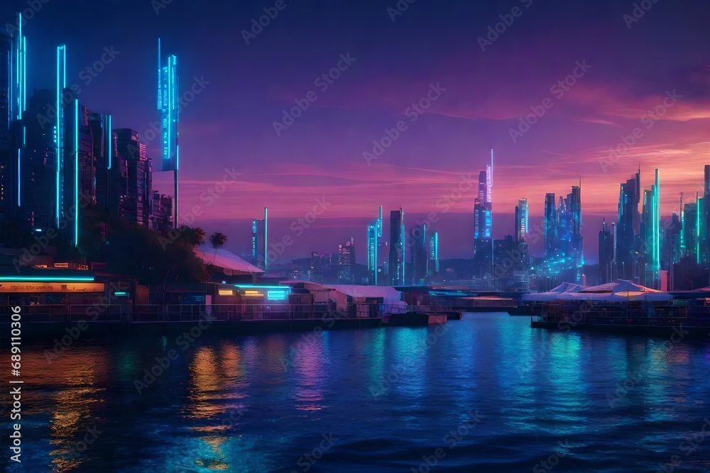A cyberpunk harbor at sunset, where a hacker orchestrates digital maneuvers surrounded by holographic waves.