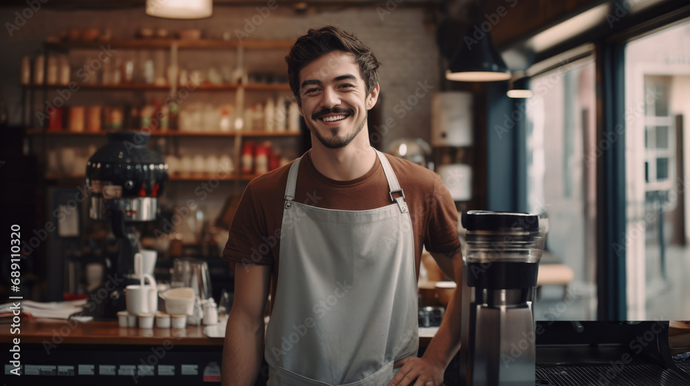 Hispanic barista cafe owner male smiling looking at camera making coffee using professional coffee machine standing in cozy cafe small business shop, waiter worker or cafe entrepreneur working