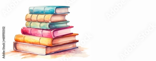 World book day. stack of colorful books isolated on white  background. Horizontal watercolor wallpaper, copy space for text