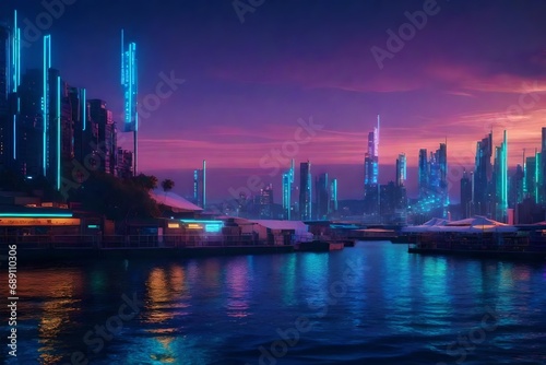A cyberpunk harbor at sunset, where a hacker orchestrates digital maneuvers surrounded by holographic waves. © Sumia