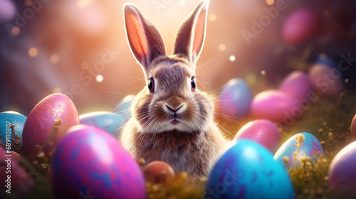 Easter bunny and colorful eggs on nature background. Easter concept. Cute Easter bunny and colorful eggs on green grass at sunny day. Easter background. Happy Easter! photo