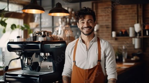 Hispanic barista cafe owner male smiling looking at camera making coffee using professional coffee machine standing in cozy cafe small business shop, waiter worker or cafe entrepreneur working