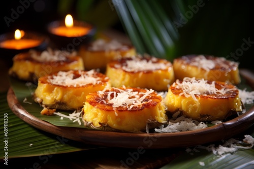 Experience the Filipino Christmas spirit with a serving of Bibingka, a delicious rice cake topped with butter, cheese, and coconut