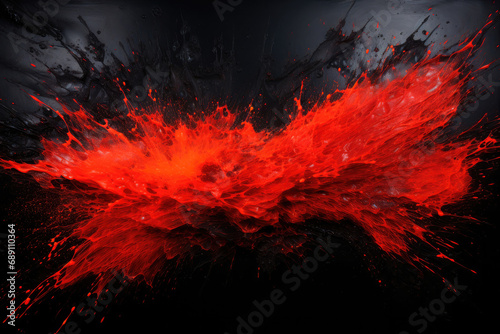 Abstract red powder explosion. Closeup of red dust particle splash on black background