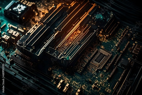 Macro shot of a cutting-edge graphic card  highlighting the fine lines and vibrant colors  with a background of dimly lit hardware.
