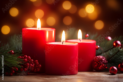 Christmas decoration burning candle lights at Christmas eve on dark background. Generated AI