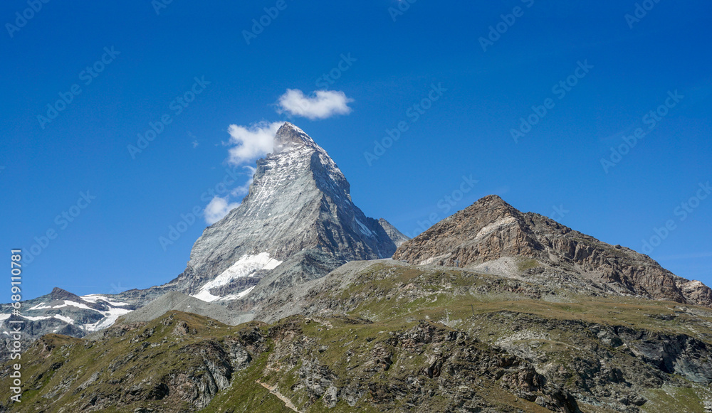 A close look at the Matterhorn 4478 meters high. A view from the road to the Little Matterhorn.