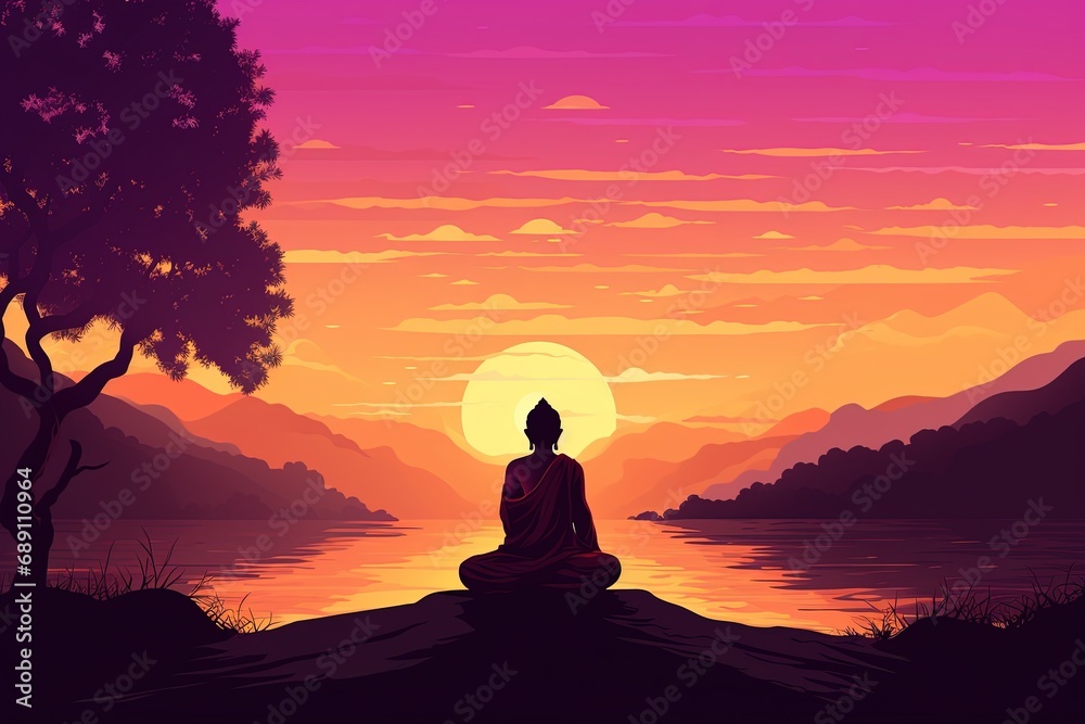 Buddha statue with sunset in the background