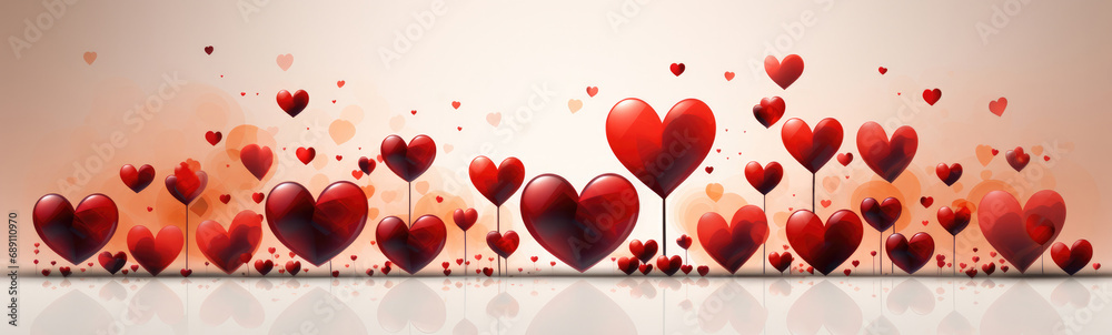 Love valentine banner with red hearts on beige background