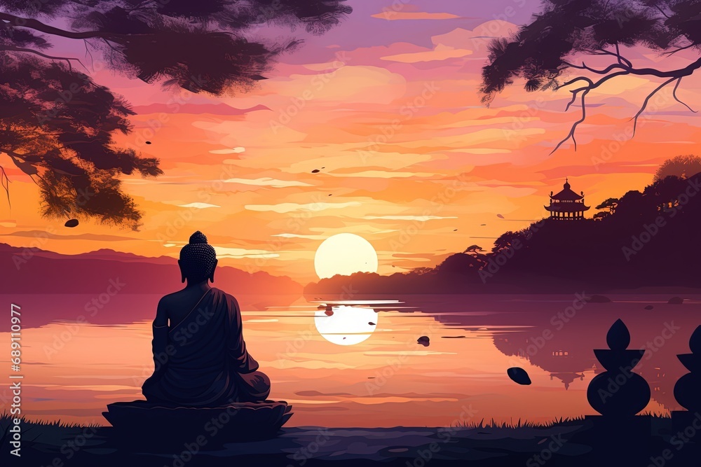 Buddha statue with sunset in the background Buddha statue with sunset in the background