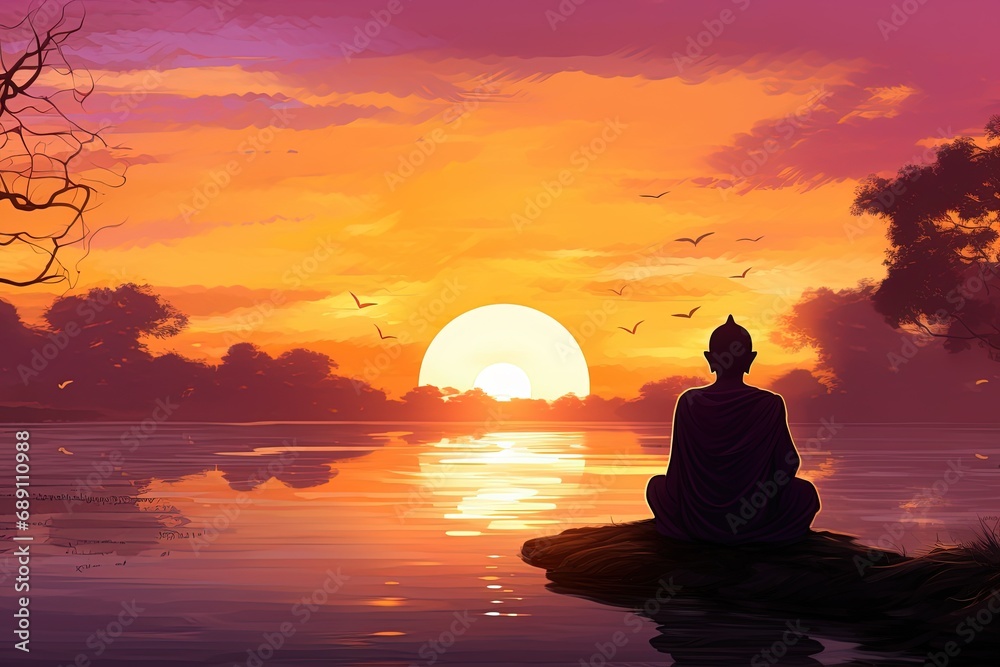 Buddha statue with sunset in the background