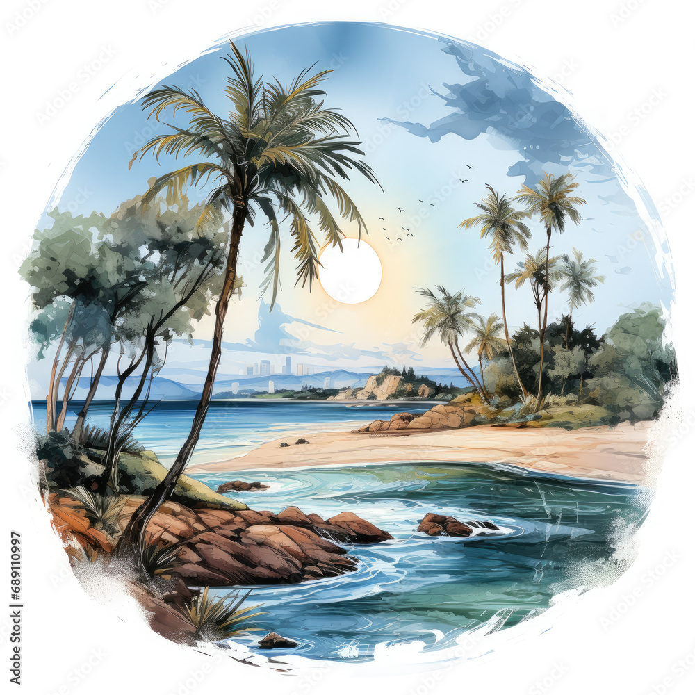 Fototapeta premium watercolor Palm tree beach circle clipart, Generative Ai