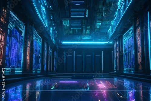 A cyberpunk temple, with a hacker deciphering ancient digital scripts amidst holographic symbols and code.