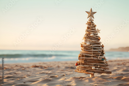 A driftwood Christmas tree in the sand on the beach in summer generated AI
