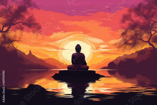 Buddha statue with sunset in the background © Rudsaphon